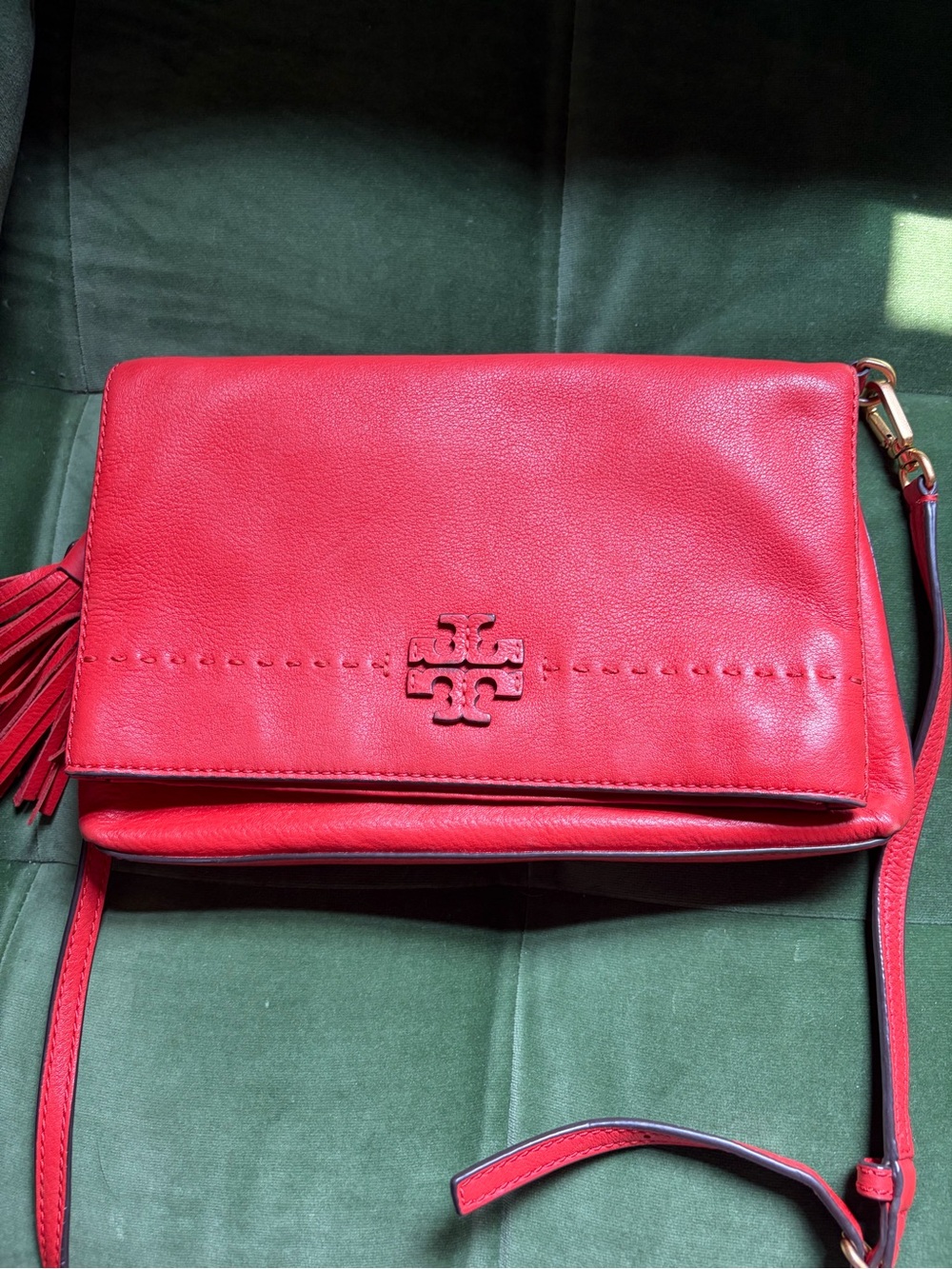 Tory Burch Red Orange Leather Fold-Over Crossbody with Tassel